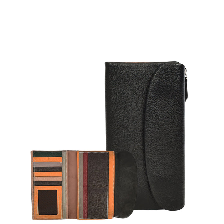 Womens Real Leather Clutch Purse Multi-Coloured Interior Card Holder Zip Pocket HOL8819 Black
