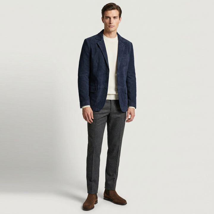 Mens Real Goat Suede Blazer Two Button Classic Jacket Zavi Navy