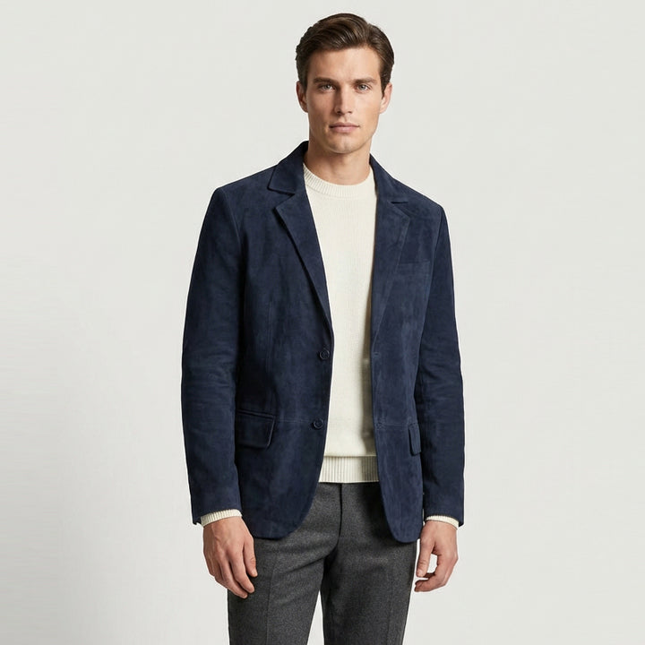Mens Real Goat Suede Blazer Two Button Classic Jacket Zavi Navy