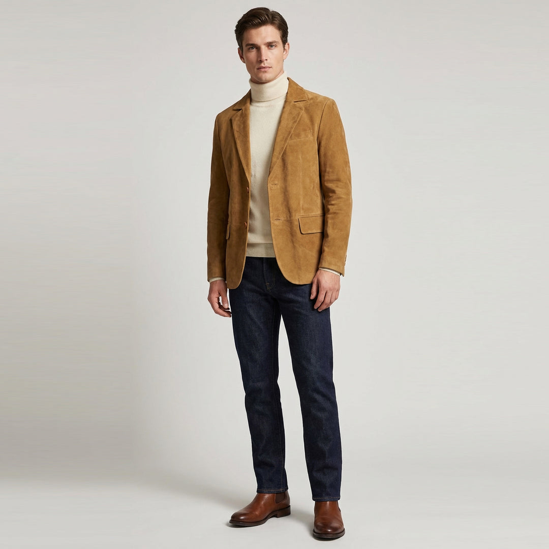 Mens Real Goat Suede Blazer Two Button Classic Jacket Zavi Cognac