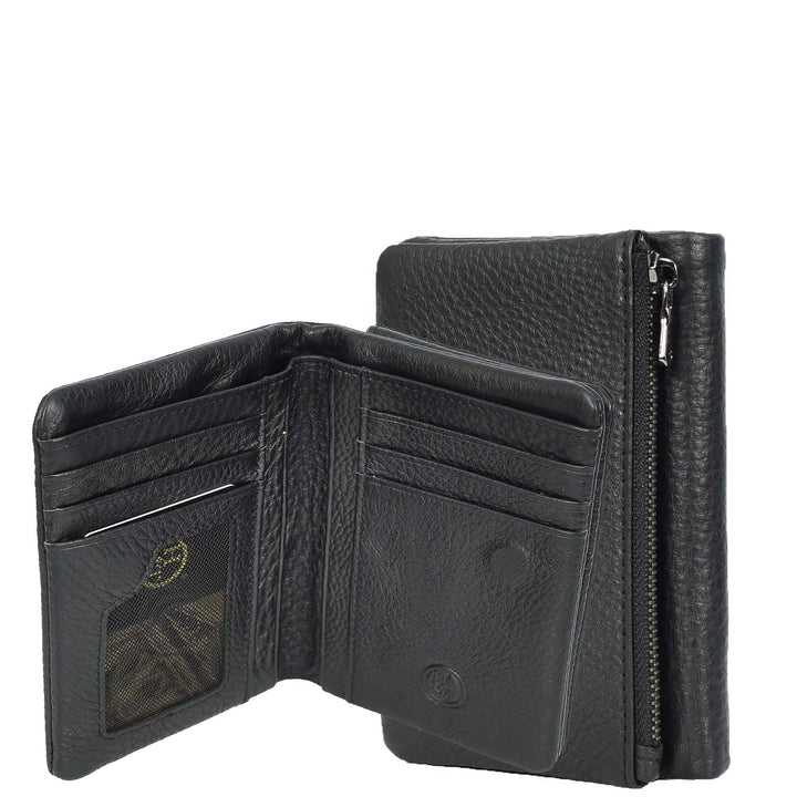 Womens Real Leather Purse Large Bifold Wallet Coins Banknotes Card Holder Orsha Black=1