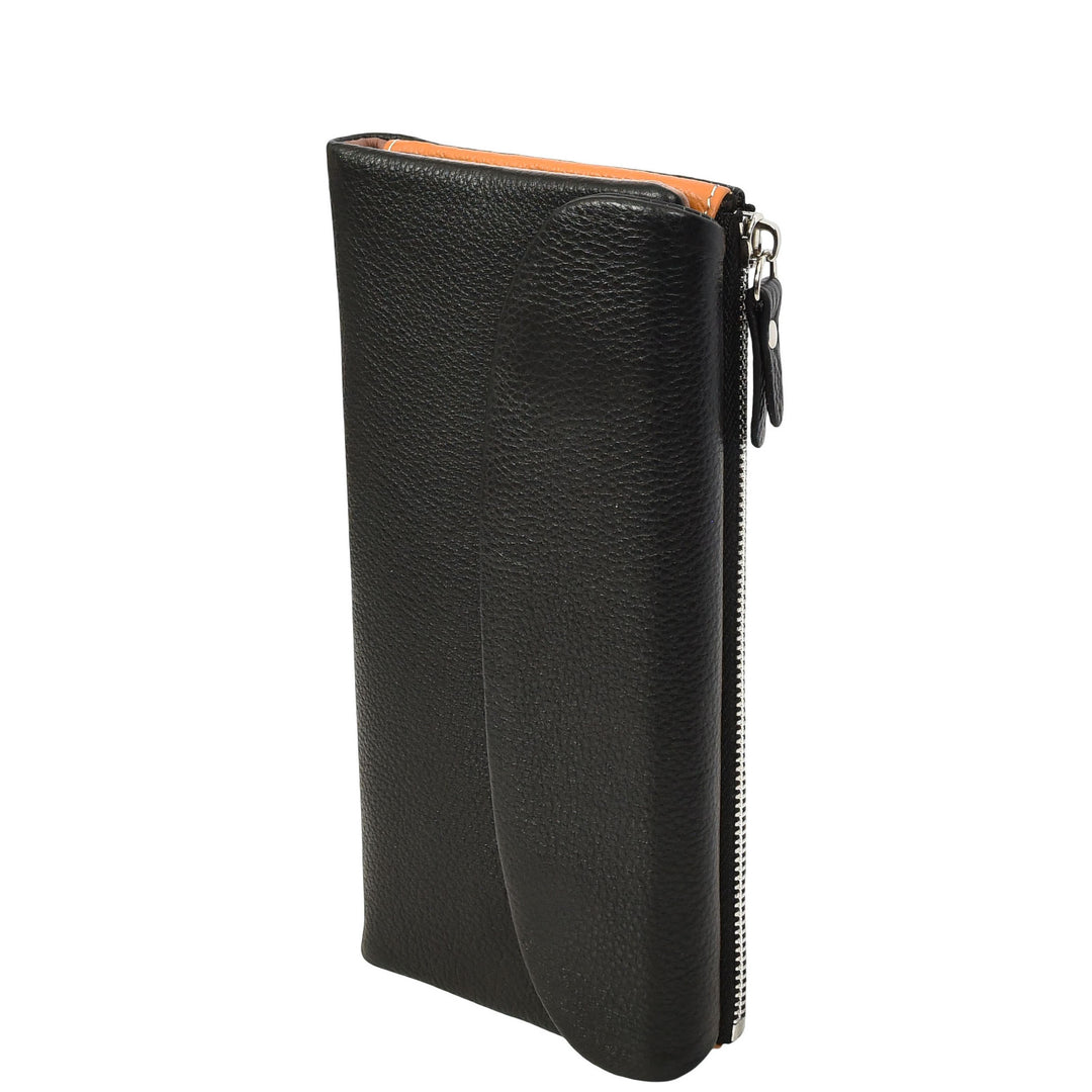 Womens Real Leather Clutch Purse Multi-Coloured Interior Card Holder Zip Pocket HOL8819 Black
