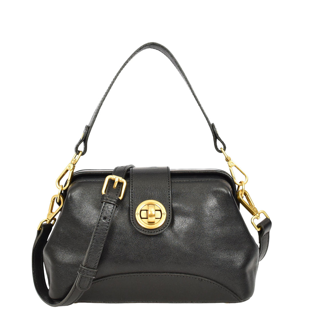 Womens Real Leather Handbag Dual Carry Options with Adjustable Strap Meliora Black