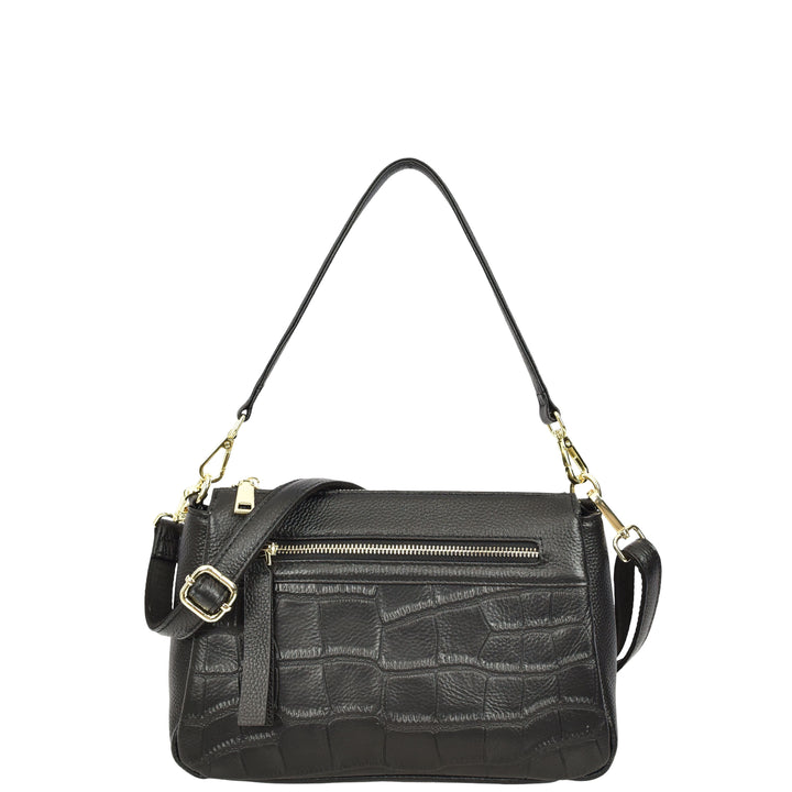 Womens Real Leather Shoulder Handbag Croc-Print Design Everyday Bag Edlyn Black