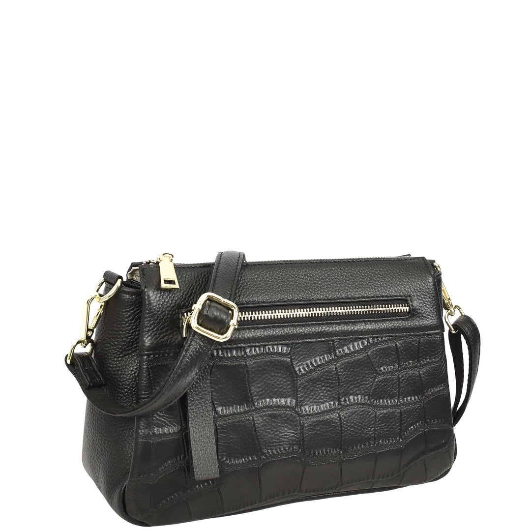 Womens Real Leather Shoulder Handbag Croc-Print Design Everyday Bag Edlyn Black