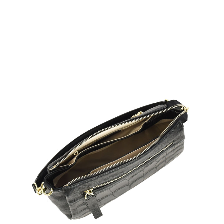 Womens Real Leather Shoulder Handbag Croc-Print Design Everyday Bag Edlyn Black