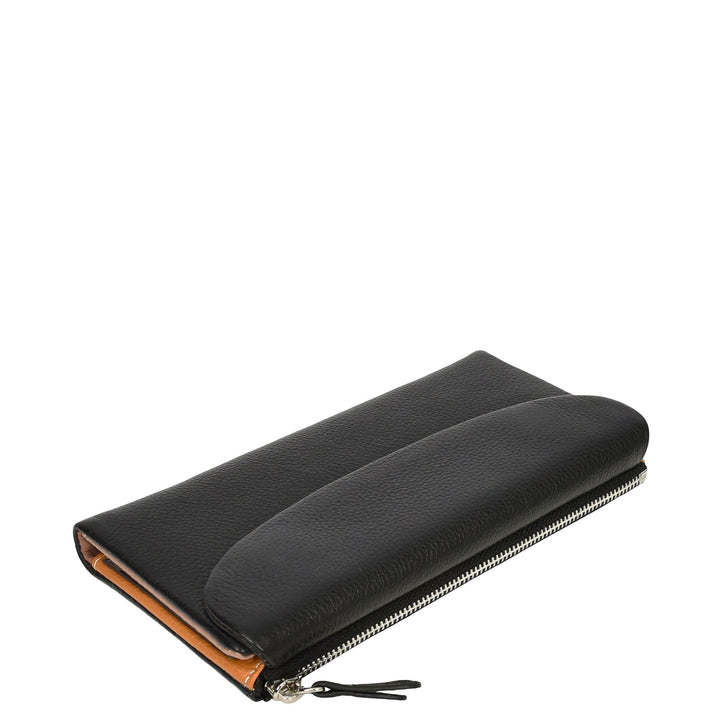 Womens Real Leather Clutch Purse Multi-Coloured Interior Card Holder Zip Pocket HOL8819 Black