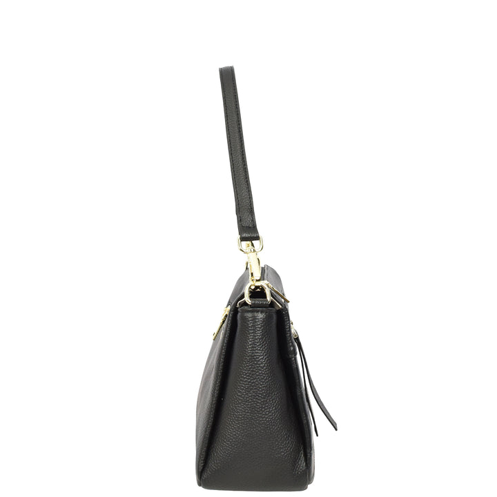 Womens Real Leather Shoulder Handbag Croc-Print Design Everyday Bag Edlyn Black