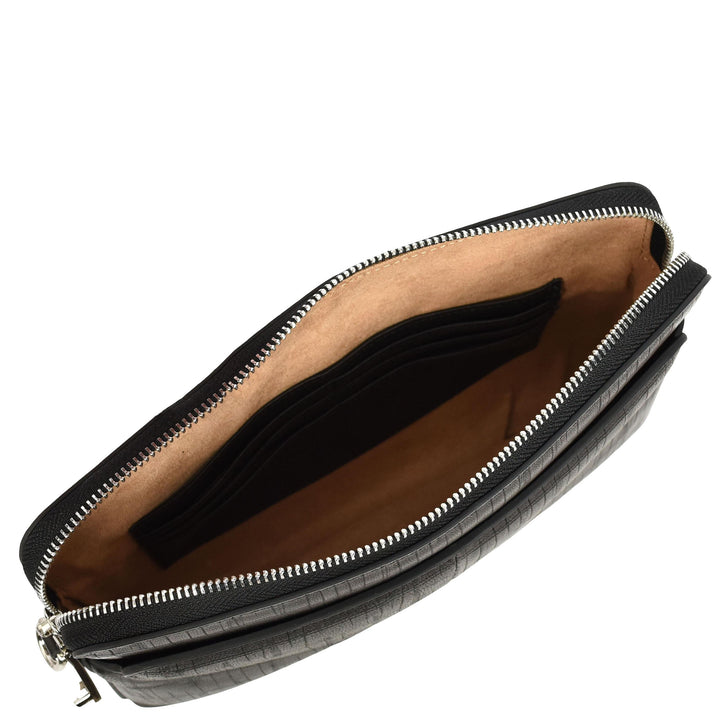 Wrist Bag Croc-Print Embossed Leather Clutch Organiser with Digit Lock HOL1049 Black