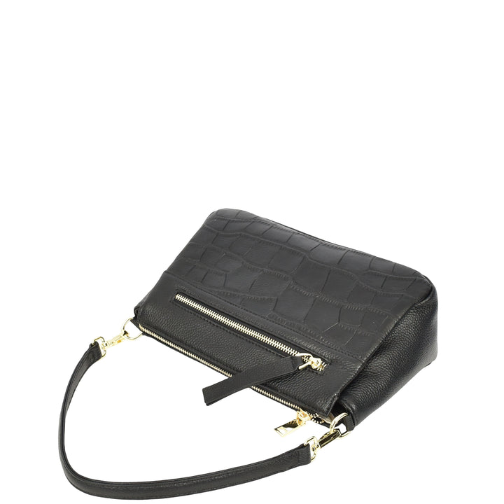 Womens Real Leather Shoulder Handbag Croc-Print Design Everyday Bag Edlyn Black