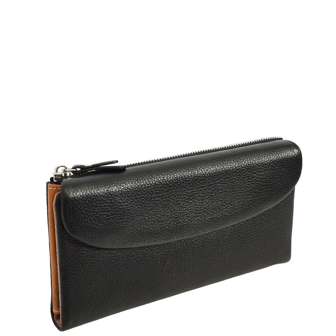 Womens Real Leather Clutch Purse Multi-Coloured Interior Card Holder Zip Pocket HOL8819 Black