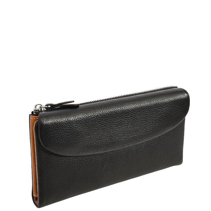 Womens Real Leather Clutch Purse Multi-Coloured Interior Card Holder Zip Pocket HOL8819 Black