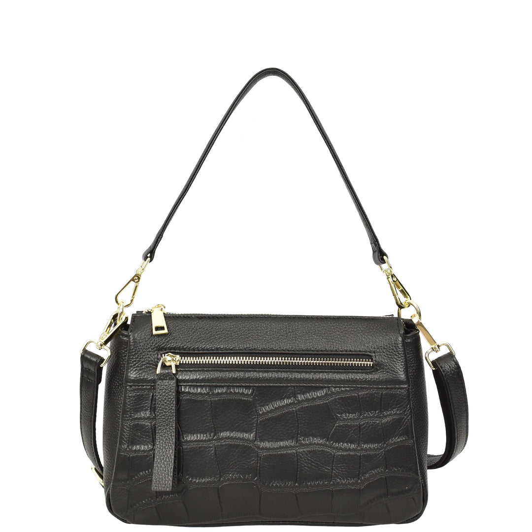 Womens Real Leather Shoulder Handbag Croc-Print Design Everyday Bag Edlyn Black