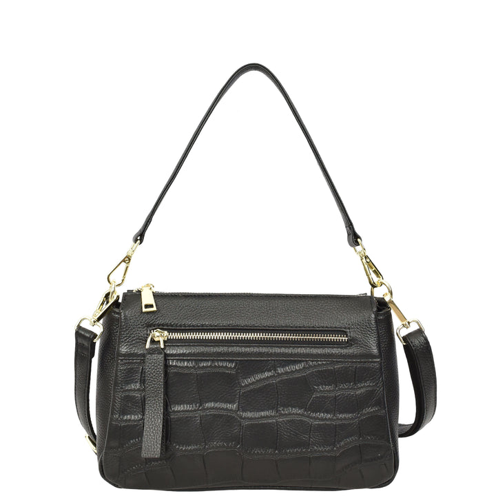 Womens Real Leather Shoulder Handbag Croc-Print Design Everyday Bag Edlyn Black
