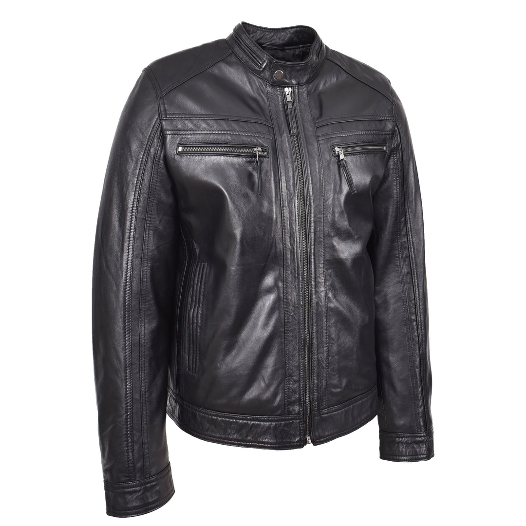 Mens Leather Cafe Racer Biker Jacket Charlie Black