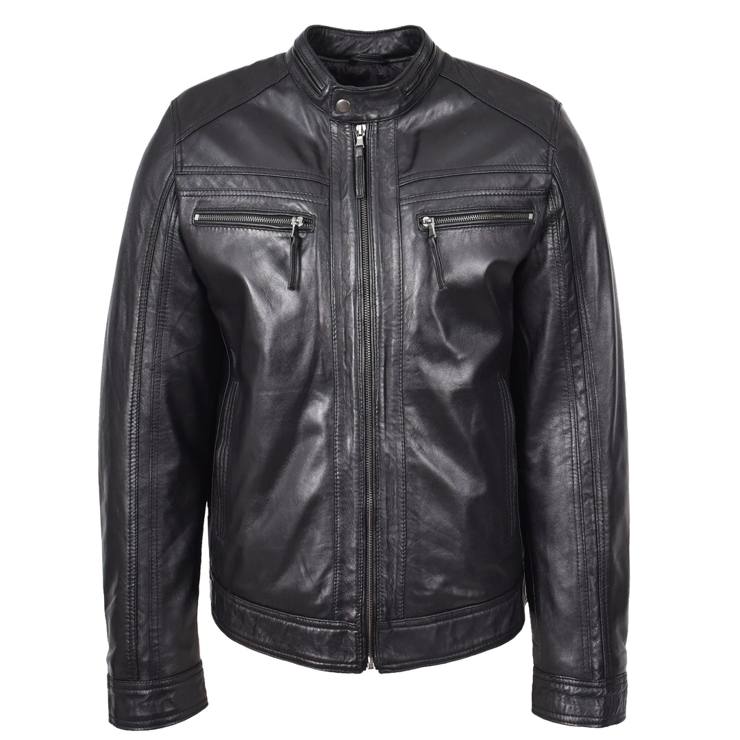 Mens Leather Cafe Racer Biker Jacket Charlie Black