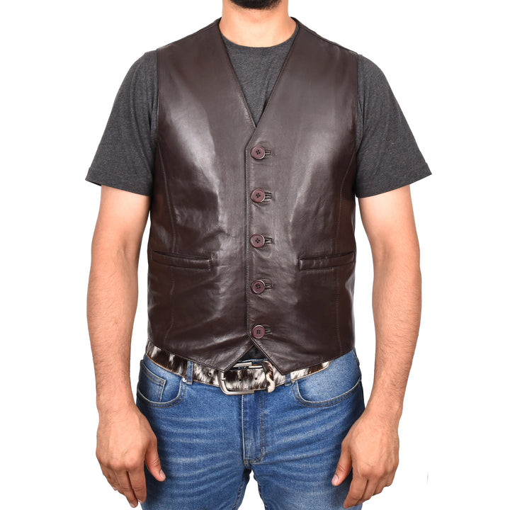 Mens Button Fastening Leather Waistcoat Nick Brown