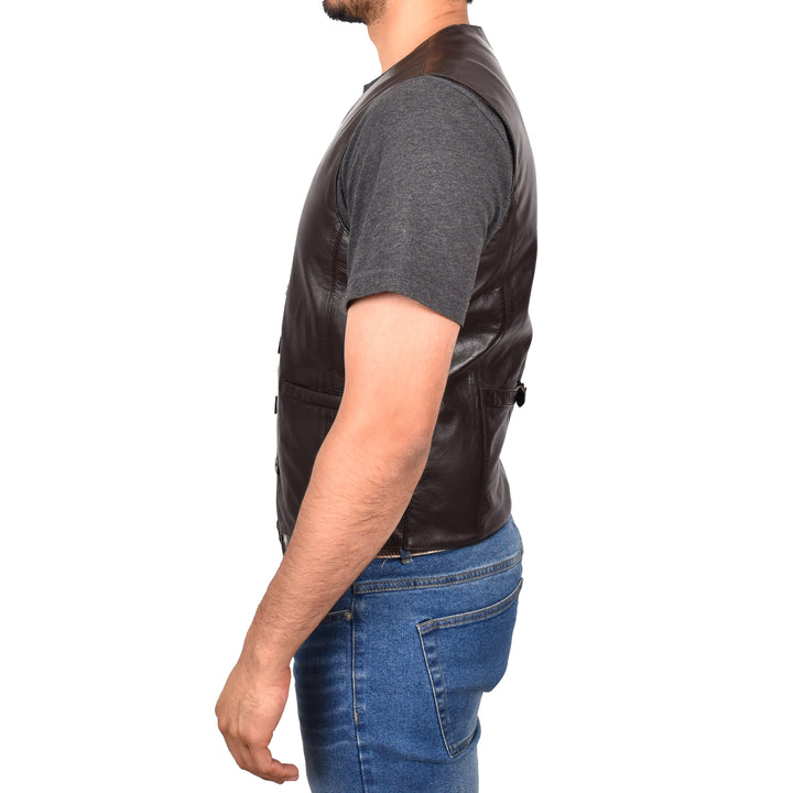 Mens Button Fastening Leather Waistcoat Nick Brown