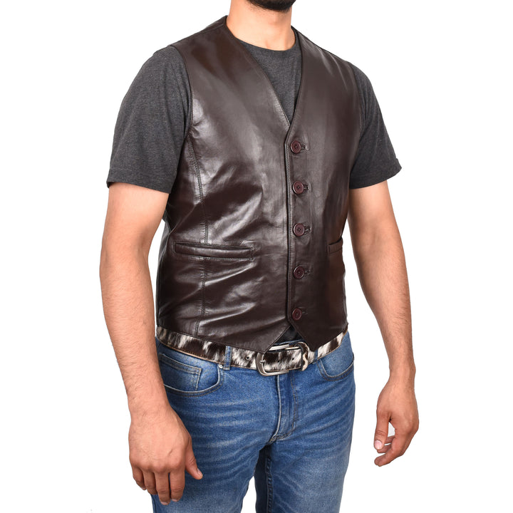 Mens Button Fastening Leather Waistcoat Nick Brown