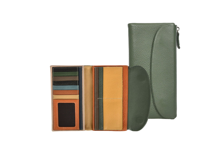 Womens Real Leather Clutch Purse Multi-Coloured Interior Card Holder Zip Pocket HOL8819 Green
