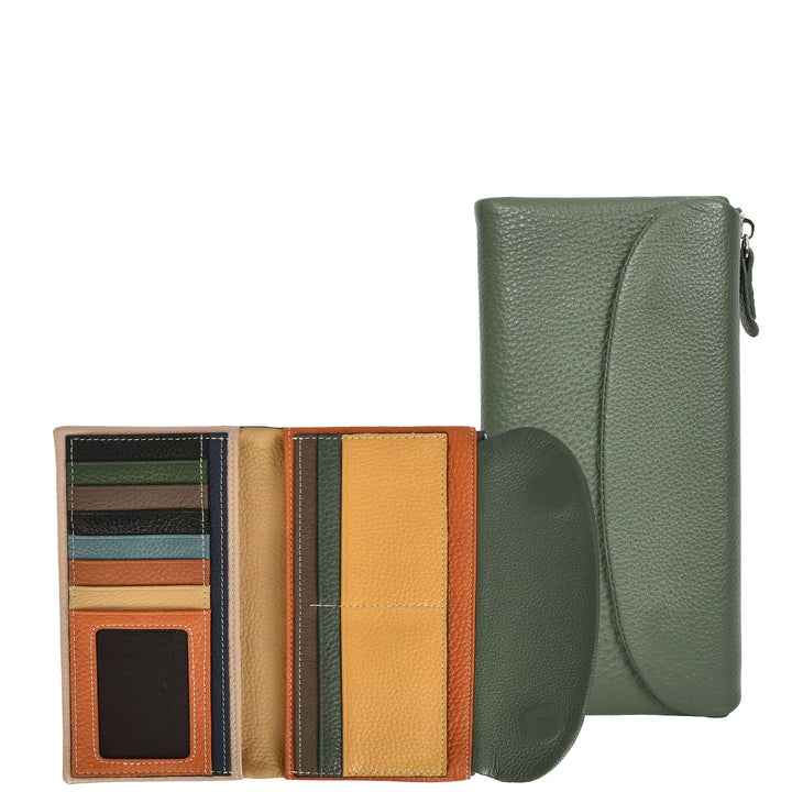 Womens Real Leather Clutch Purse Multi-Coloured Interior Card Holder Zip Pocket HOL8819 Green