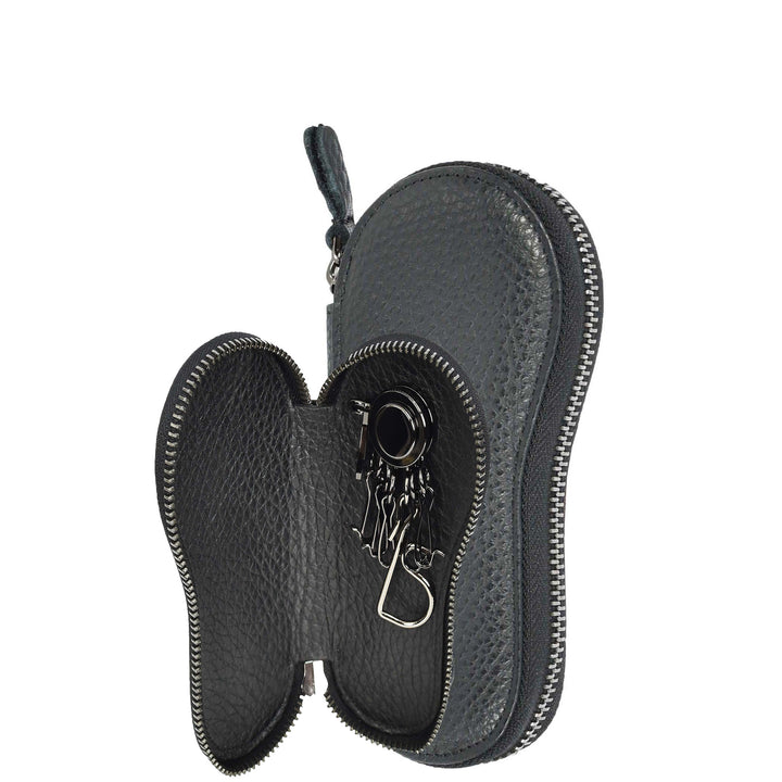 Genuine Leather Key Case Wallet Zip Around Organiser Pouch Vasto Black