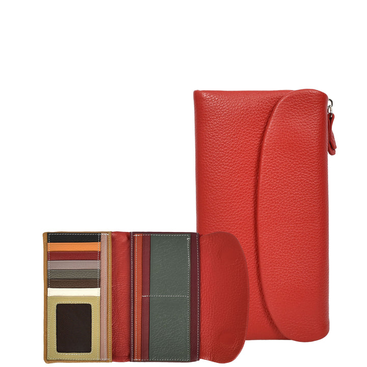 Womens Real Leather Clutch Purse Multi-Coloured Interior Card Holder Zip Pocket HOL8819 Red