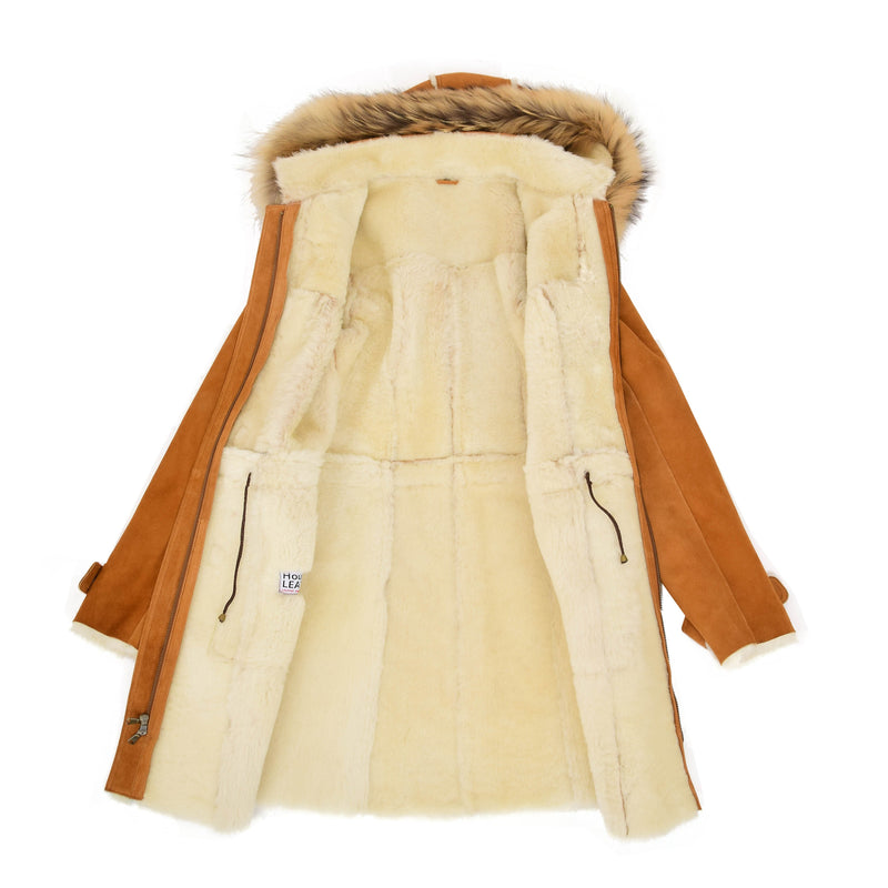 Womens Sheepskin Duffle Coat 3/4 Length Parka Beth Tan White 6