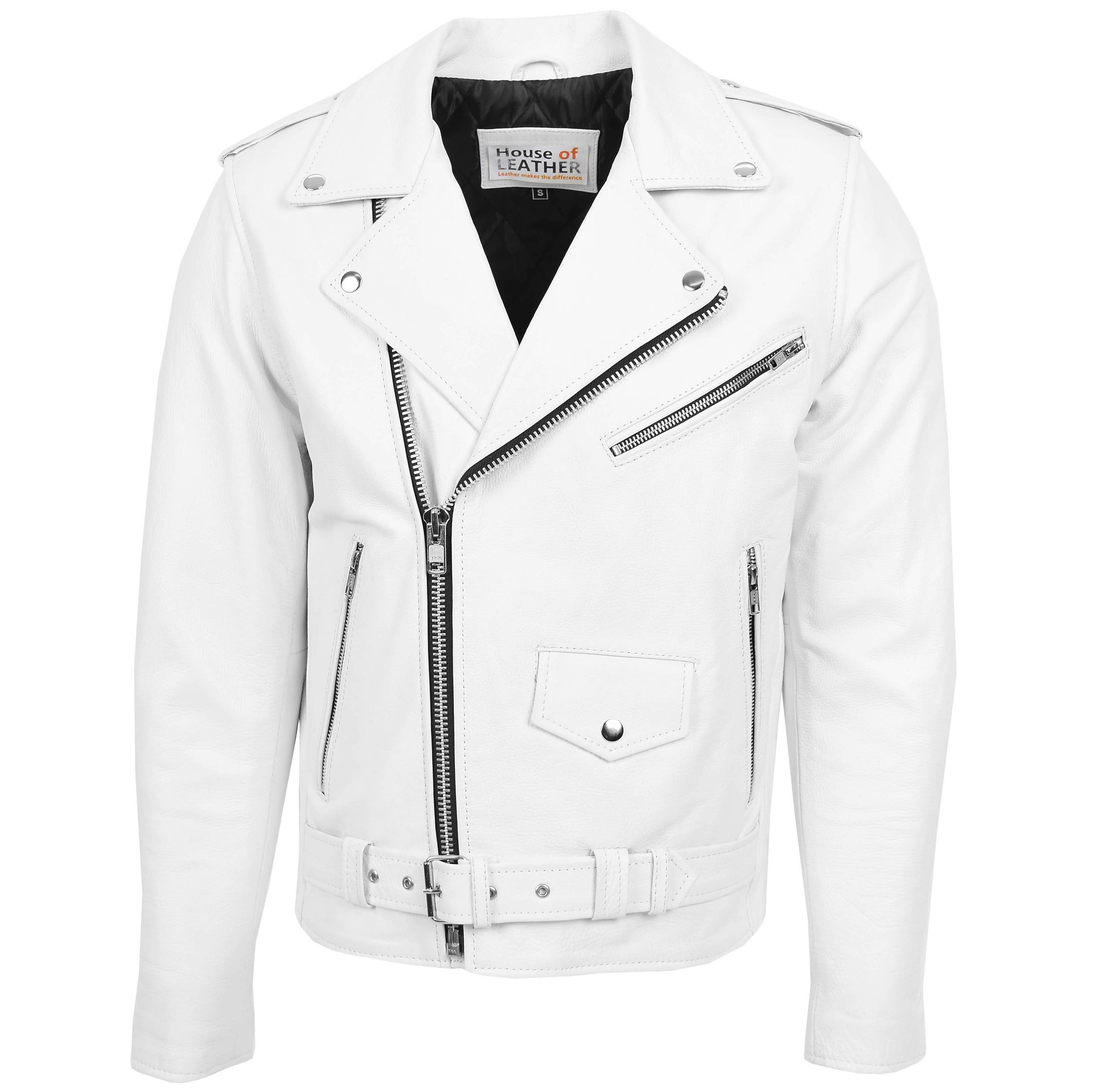 Mens Heavy Duty Leather Biker Brando Jacket Kyle White