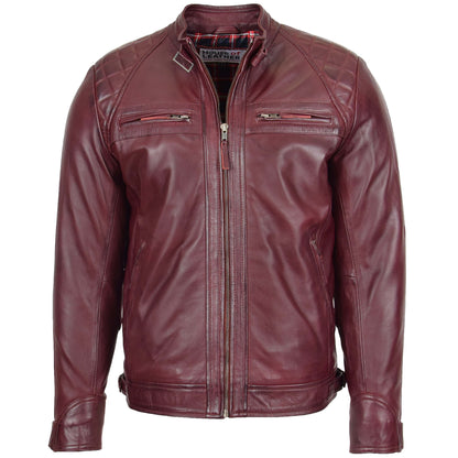 Mens Biker Leather Jacket Standing Collar Bowie Burgundy