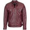 Mens Biker Leather Jacket Standing Collar Bowie Burgundy