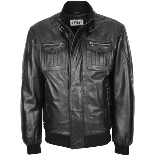 Mens Leather Bomber Flight Jacket Tom Black