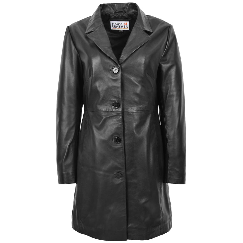 Womens Real Leather Mac Coat 3/4 Length Classic Style F99 Black