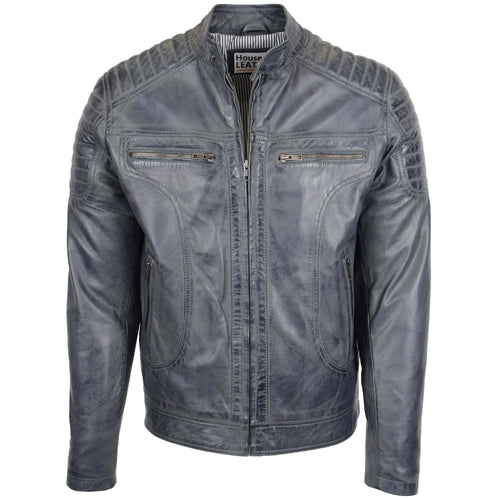 Mens Leather Biker Style Zip Jacket Eddie Grey Two Tone