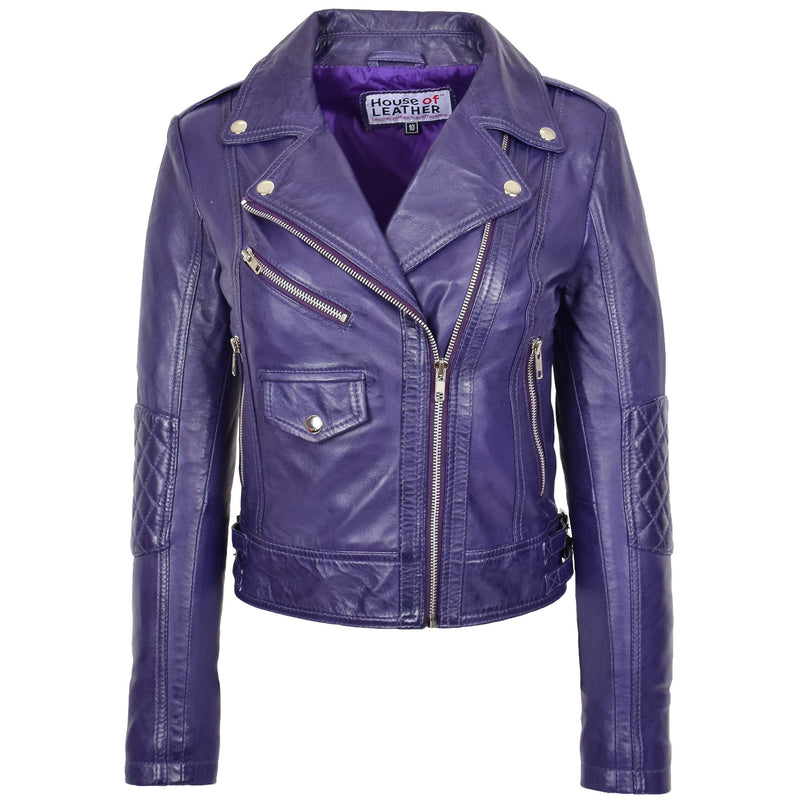 Womens Real Leather Biker Cross Zip Fashion Jacket Remi Purple