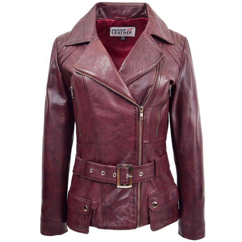 Womens Leather Hip Length Biker Jacket Celia Burgundy