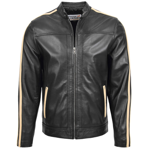 Mens Leather Biker Jacket with Racing Stripes Clyde Black