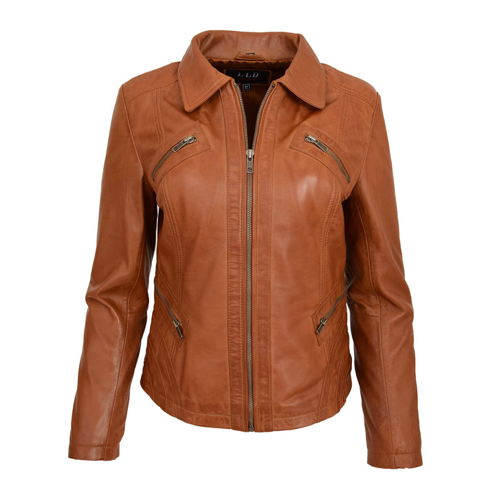 Womens Classic Leather Biker Zip Box Jacket Nova Tan