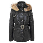 Womens Leather Coat with Detachable Hoodie Daisy Black