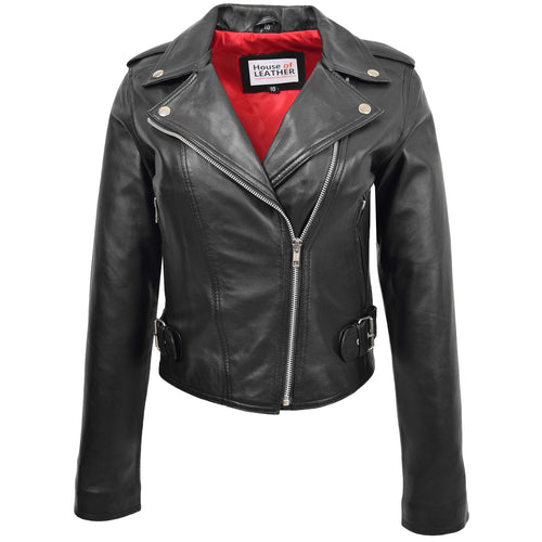 Womens Leather Biker Style Cross Zip Jacket Emma Black