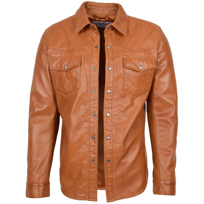 Mens Leather Shirt Classic Trucker Style Oliver Tan