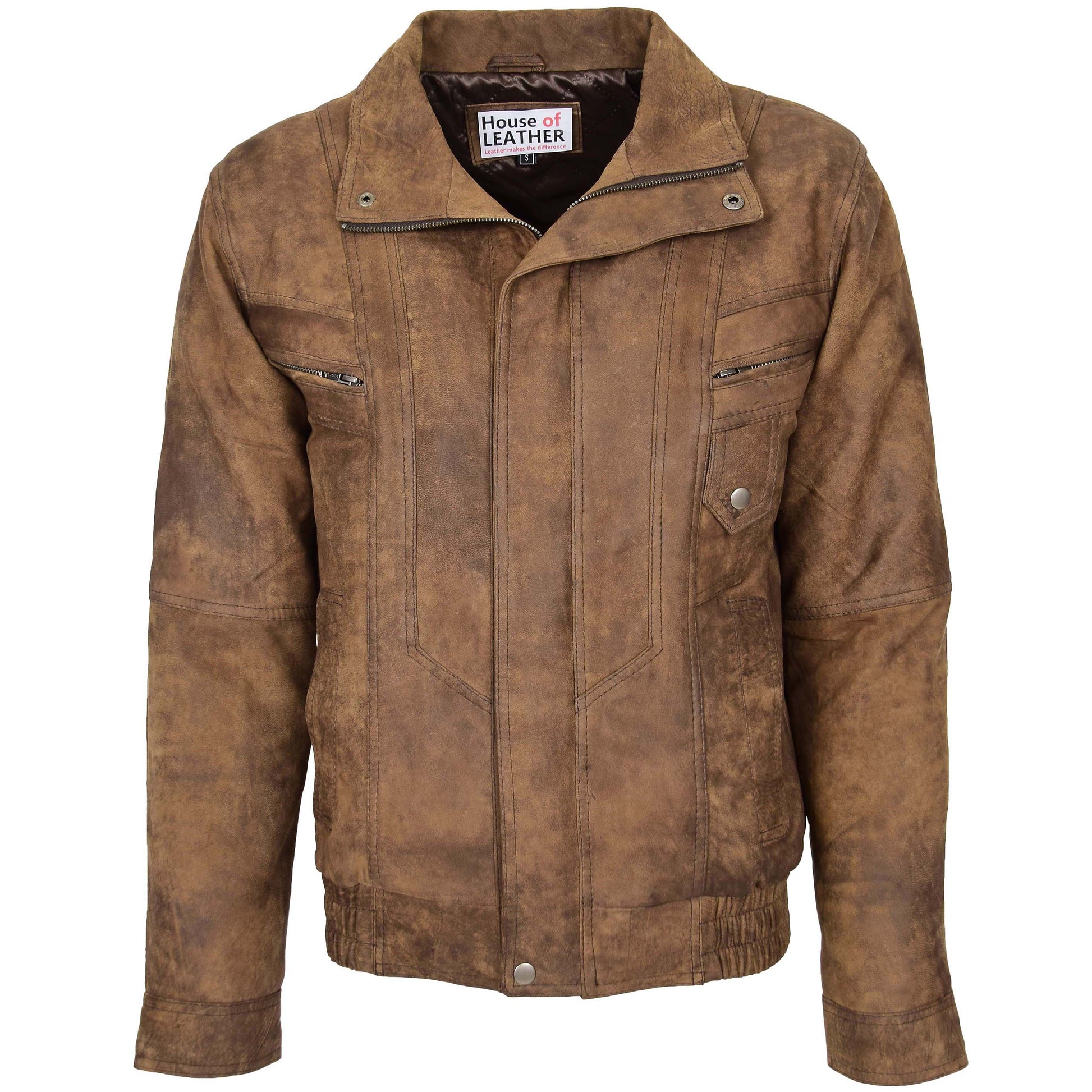 Mens Leather Bomber Blouson Jacket Robert Brown