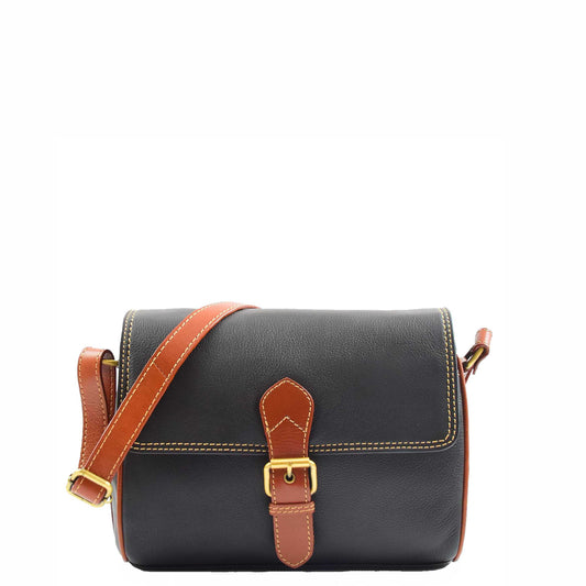 Women Genuine Leather Crossbody Bag Satchel Saddle HANNAH Black/Tan 1