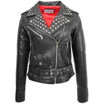 Womens Leather Studded Brando Style Jacket Salma Black