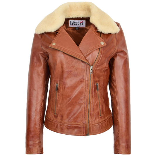 Womens Leather Biker Jacket with Detachable Sheepskin Collar Lauren Chestnut