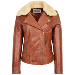 Womens Leather Biker Jacket with Detachable Sheepskin Collar Lauren Chestnut