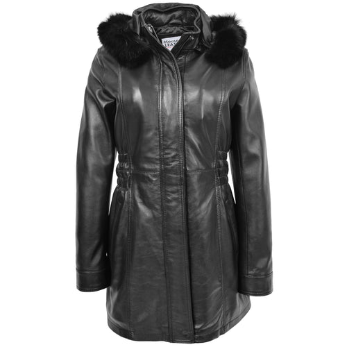 Womens Detachable Hoodie Leather Coat Kathy Black