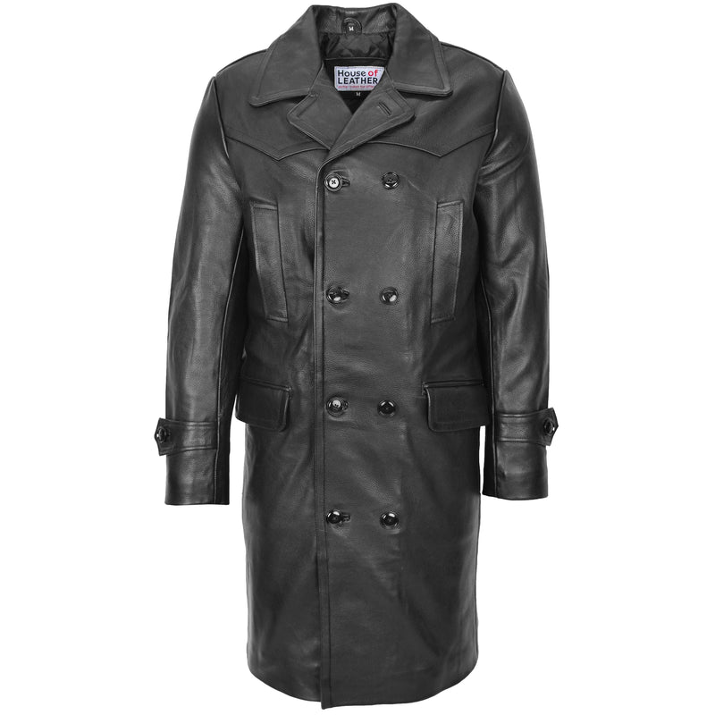 Mens Leather 3/4 Length Greatcoat Submarine Black
