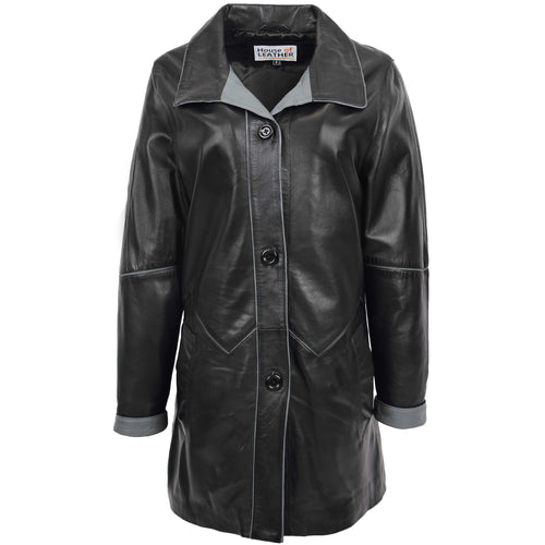 Womens Leather Coat 3/4 Length Classic Style Margaret Black Grey