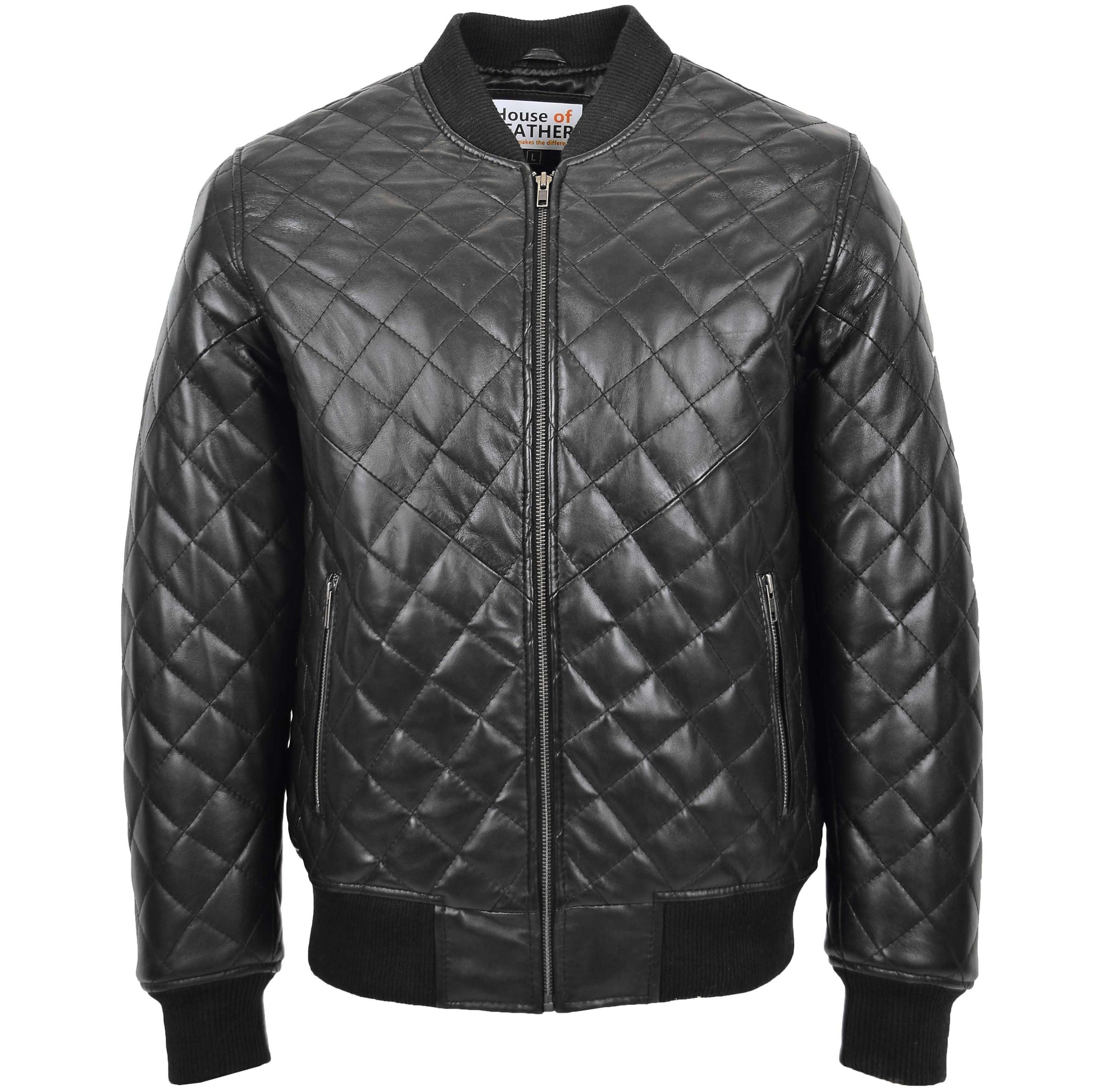 Mens Leather Quilted Bomber Jacket Warren Black 2